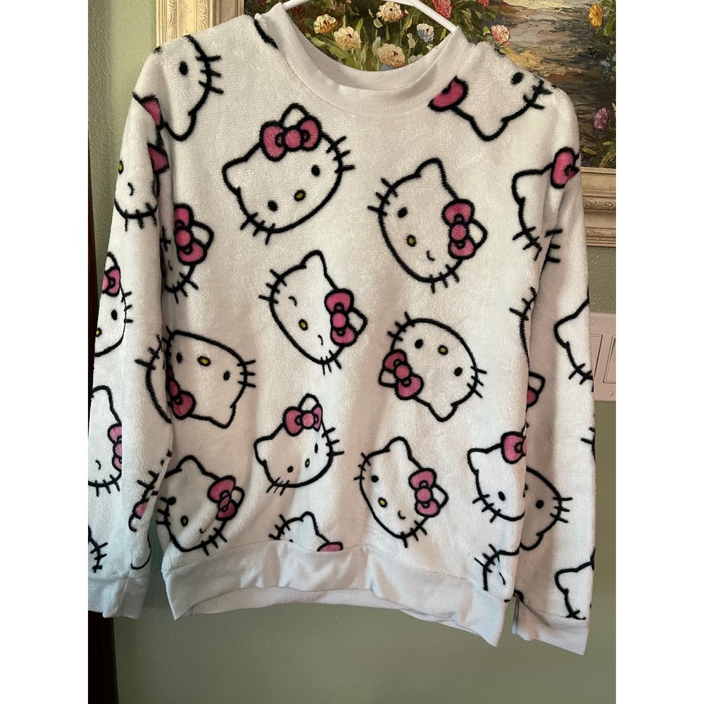 Hello Kitty Womens Pullover Fuzzy Fleece White Pullover Sweatshirt M Pink Bow